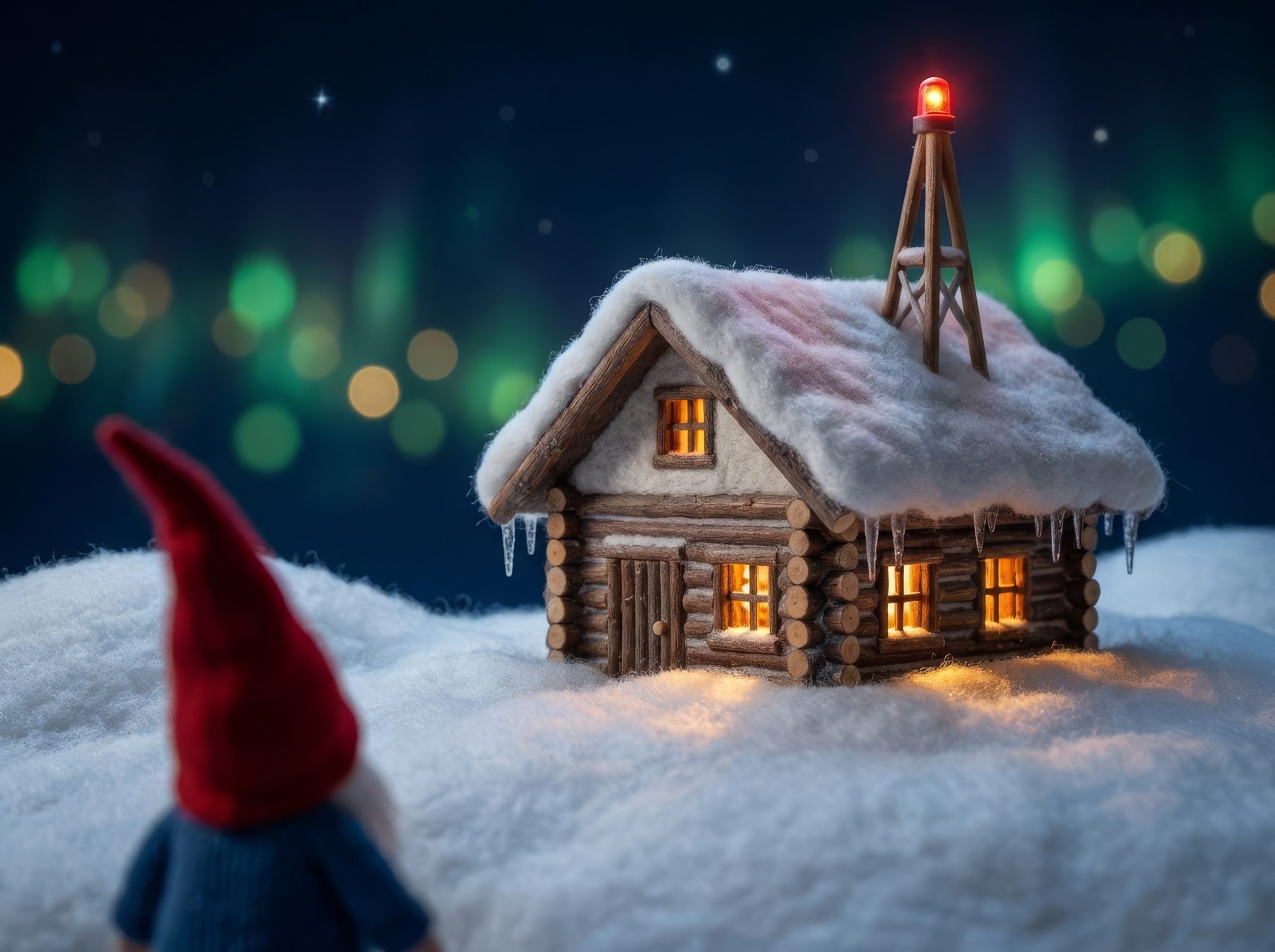 Fritzis Funkstube bei Nacht im Schnee, die Antenne leuchtet rot