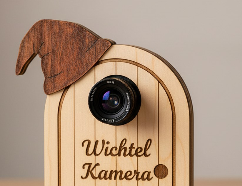 Nahaufnahme: die dunkle Holzmütze, das Objektiv im gravierten Sitz und die eingebrannte Schrift Wichtel Kamera.