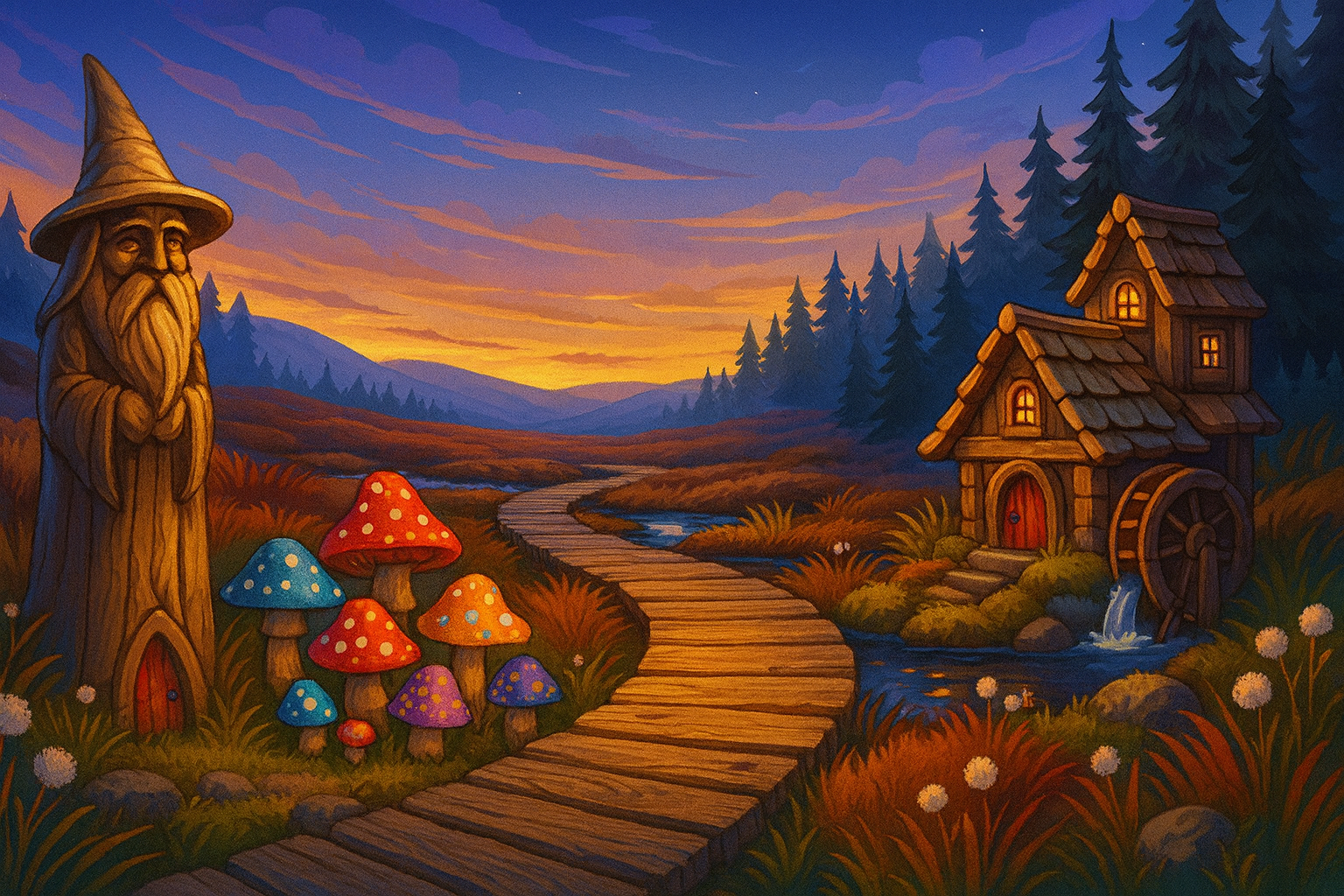 Gemalte Collage: der ganze Zauberwald-Pfad Bernau in einem Bild