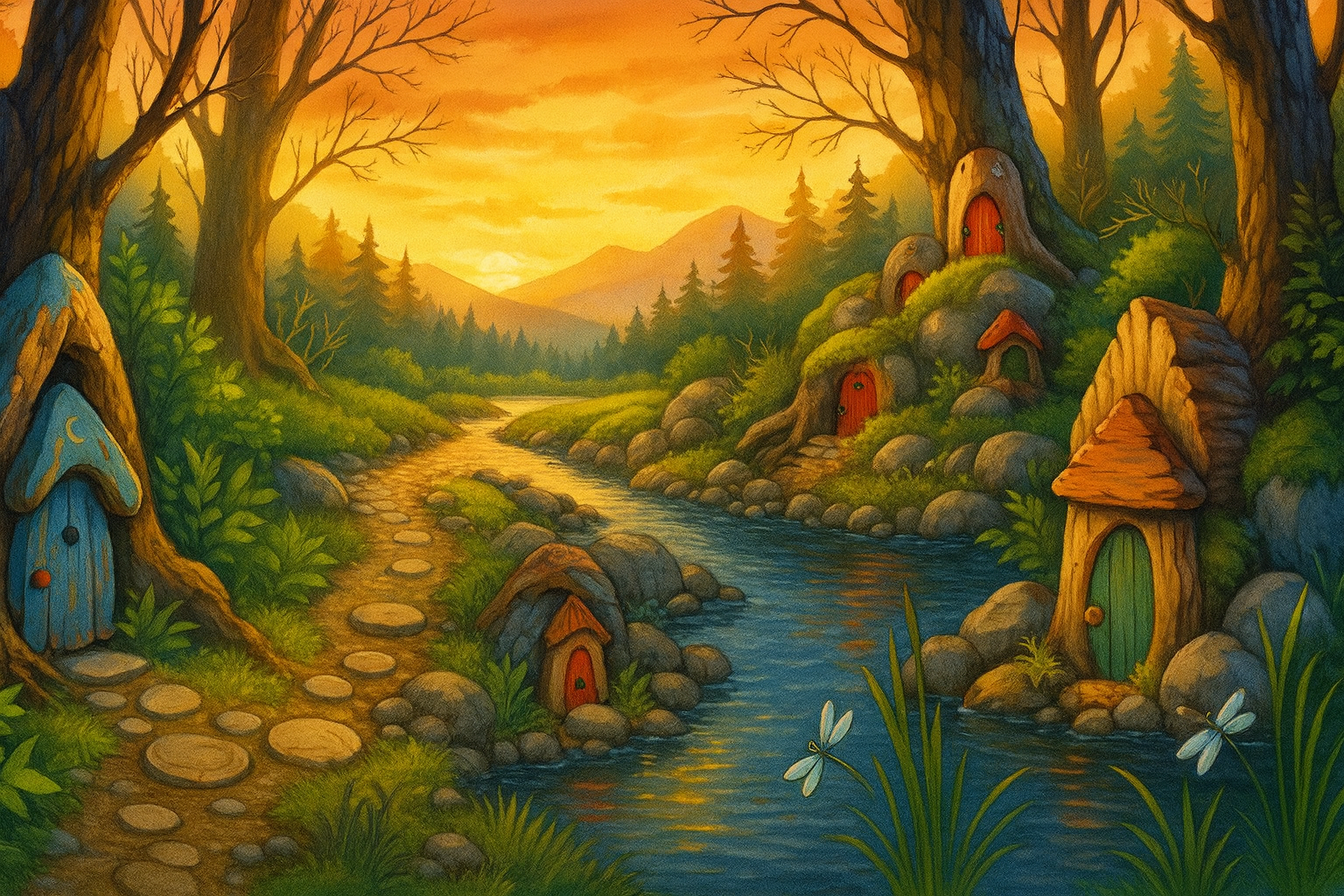 Gemalte Collage: der ganze Fischbachauer Märchenwald in einem Bild