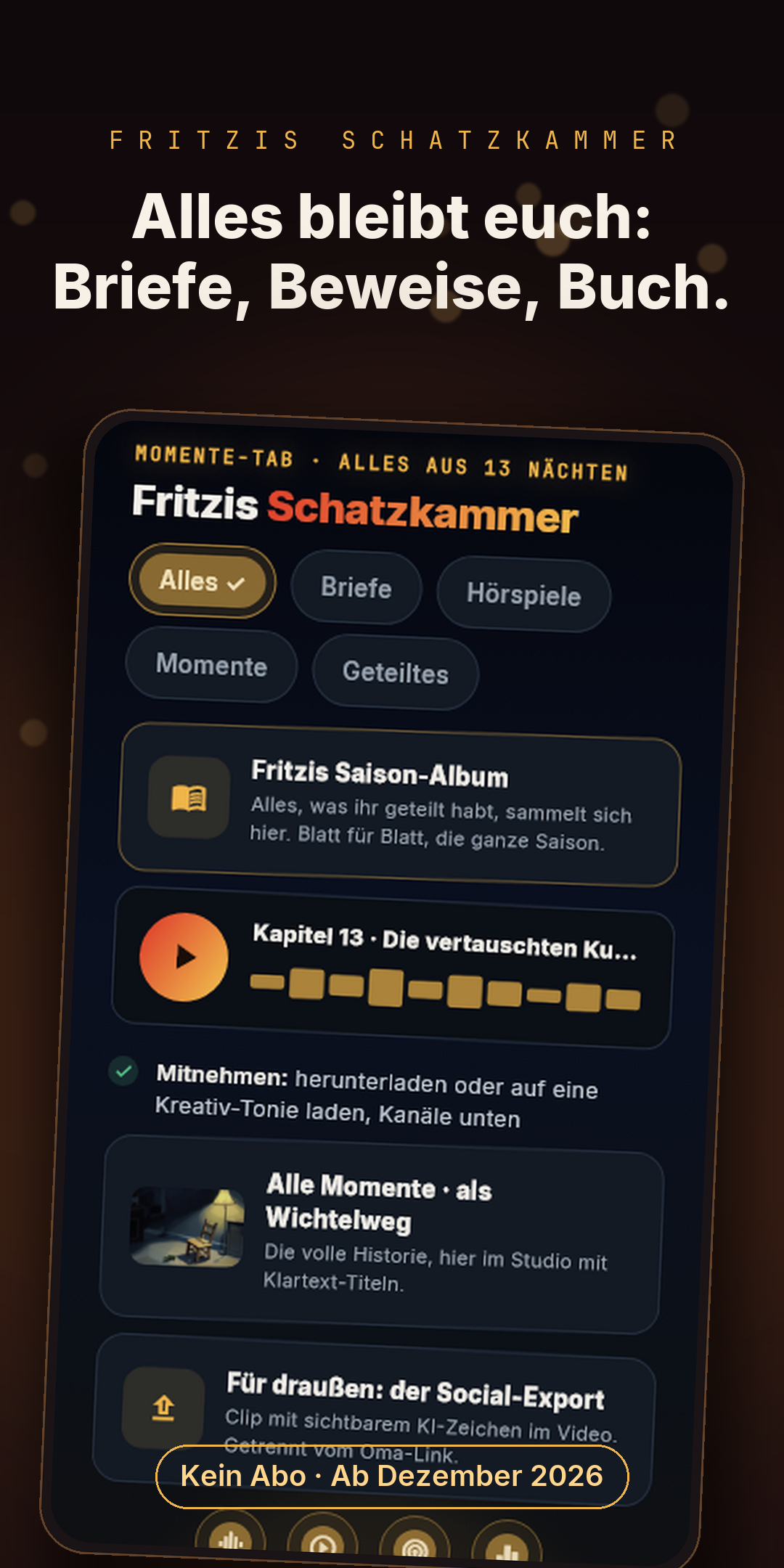 App-Ansicht: Fritzis Schatzkammer mit Briefen, Beweisen und Hörspielkapiteln.