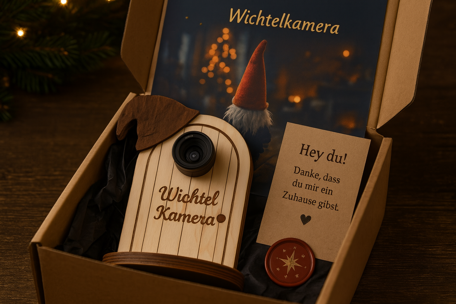 Die geöffnete Starterset-Box: die hölzerne Wichtelkamera liegt in schwarzem Seidenpapier, daneben eine Kraftpapier-Postkarte mit Hey du! und ein rotes Wachssiegel mit goldenem Stern.