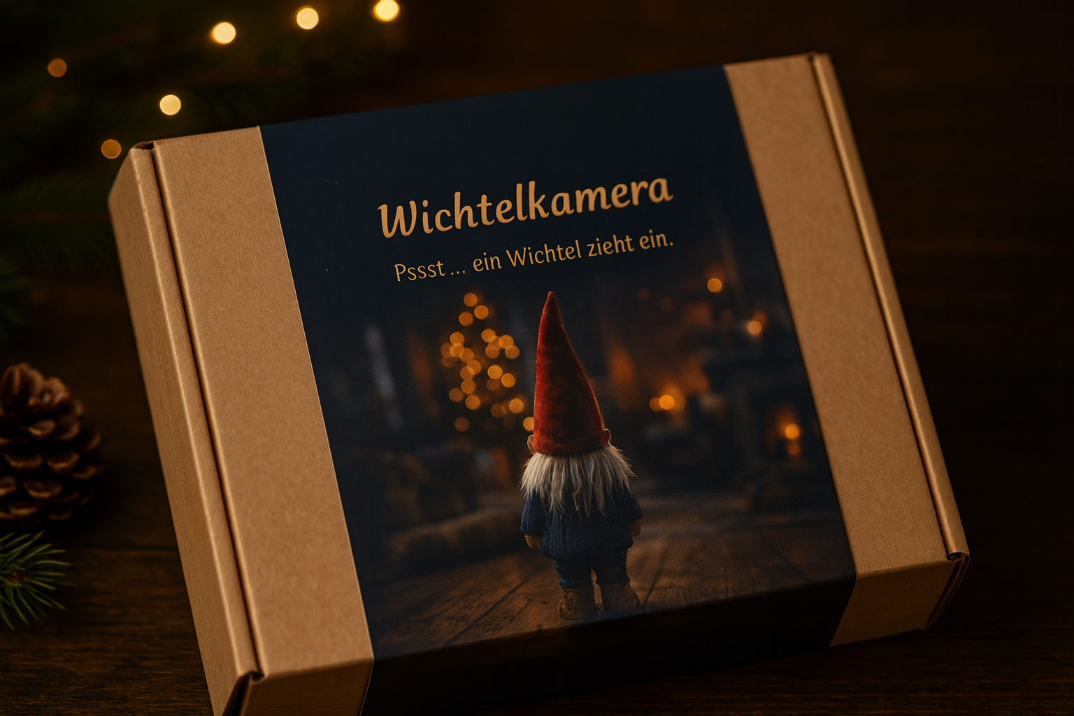 Die geschlossene Starterset-Box aus Kraftkarton mit dunkelblauer Banderole: goldene Aufschrift Wichtelkamera, darunter ein kleiner Wichtel von hinten vor einem leuchtenden Weihnachtsbaum.