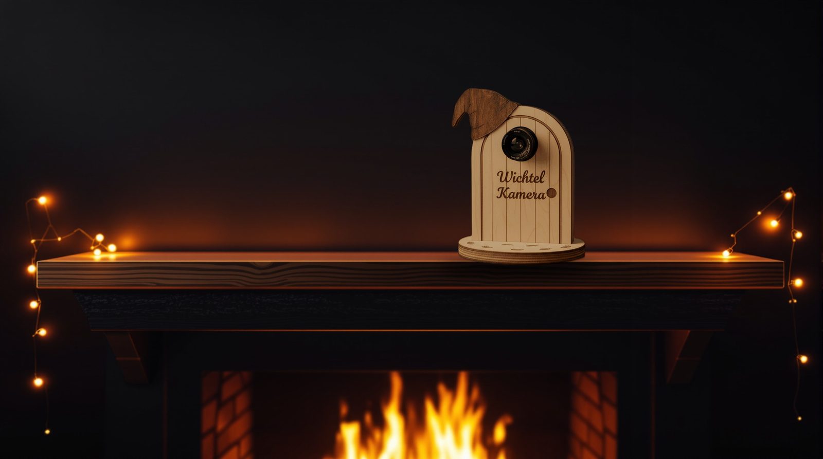 Die hölzerne Wichtelkamera steht auf einem Kaminsims, darunter brennt ein Feuer, links und rechts hängen Lichterketten.