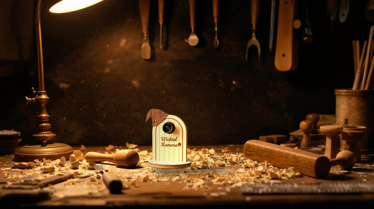 Eine Werkbank bei Nacht: zwischen Hobelspänen, Beitel und Holzhammer steht die fertige Wichtelkamera unter einer Arbeitslampe, dahinter ein Bogen Sperrholz.